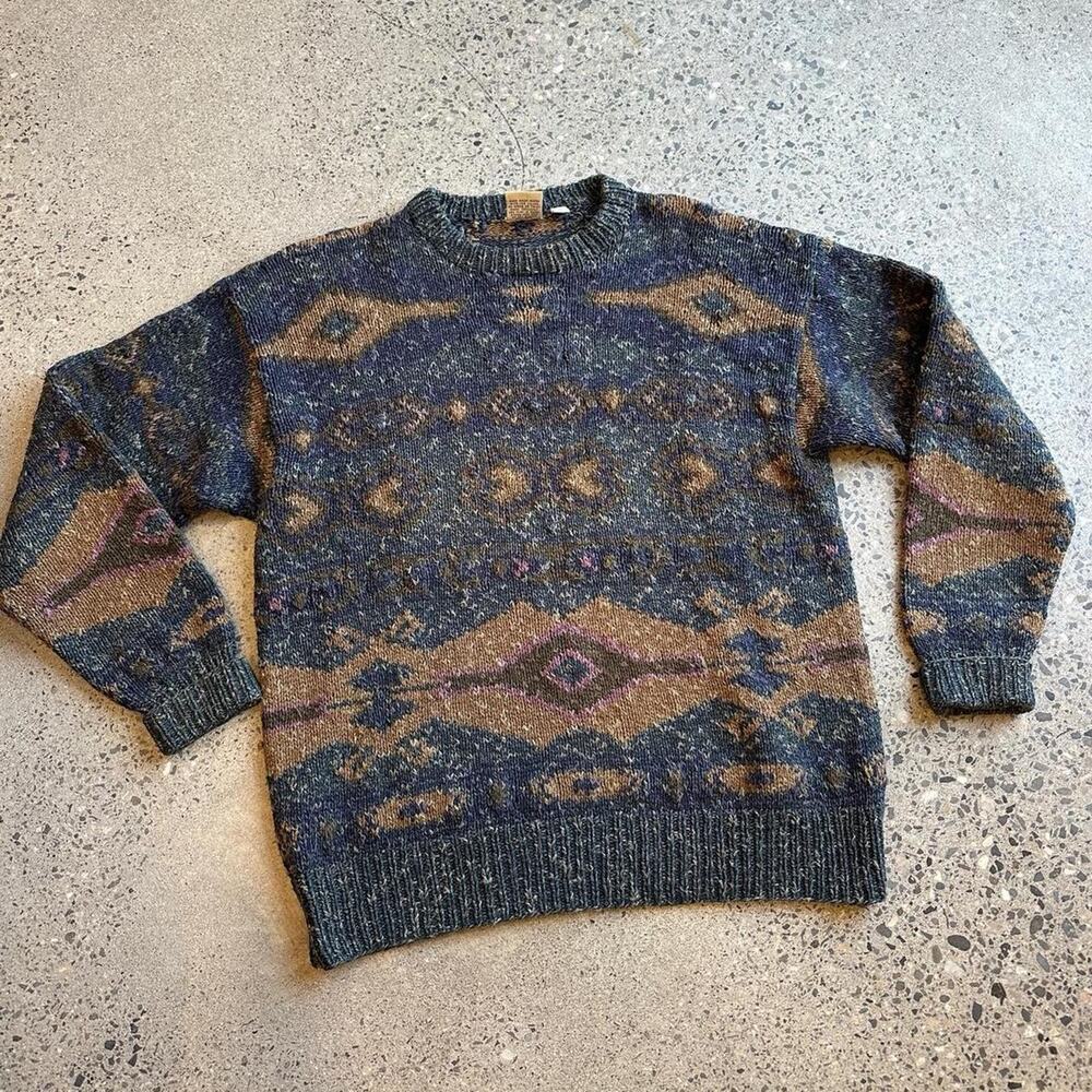 Wind River Women’s L Sweater Blue Brown Southwestern Silk Cotton Knit Blend